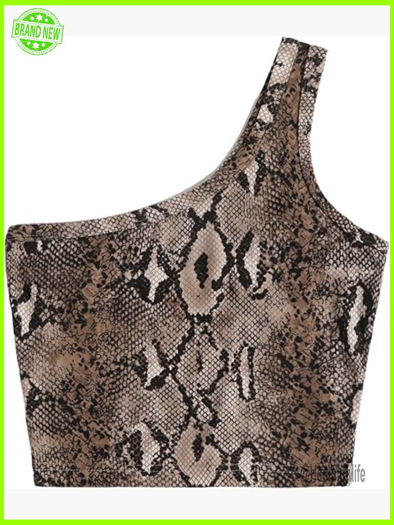 Women's One Shoulder Crop Tank Top Snakeskin Print Sleeveless Summer